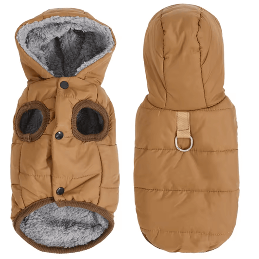 Warm fleece pet hoodie vest in brown for dogs and cats, featuring a cozy hood and soft lining for winter comfort.