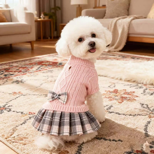 Cute small dog wearing a winter sweater dress for small dogs with a bow, positioned on a cozy rug.
