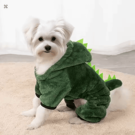 Cute dinosaur pet costume for cats and small dogs featuring cozy fleece with spikes.