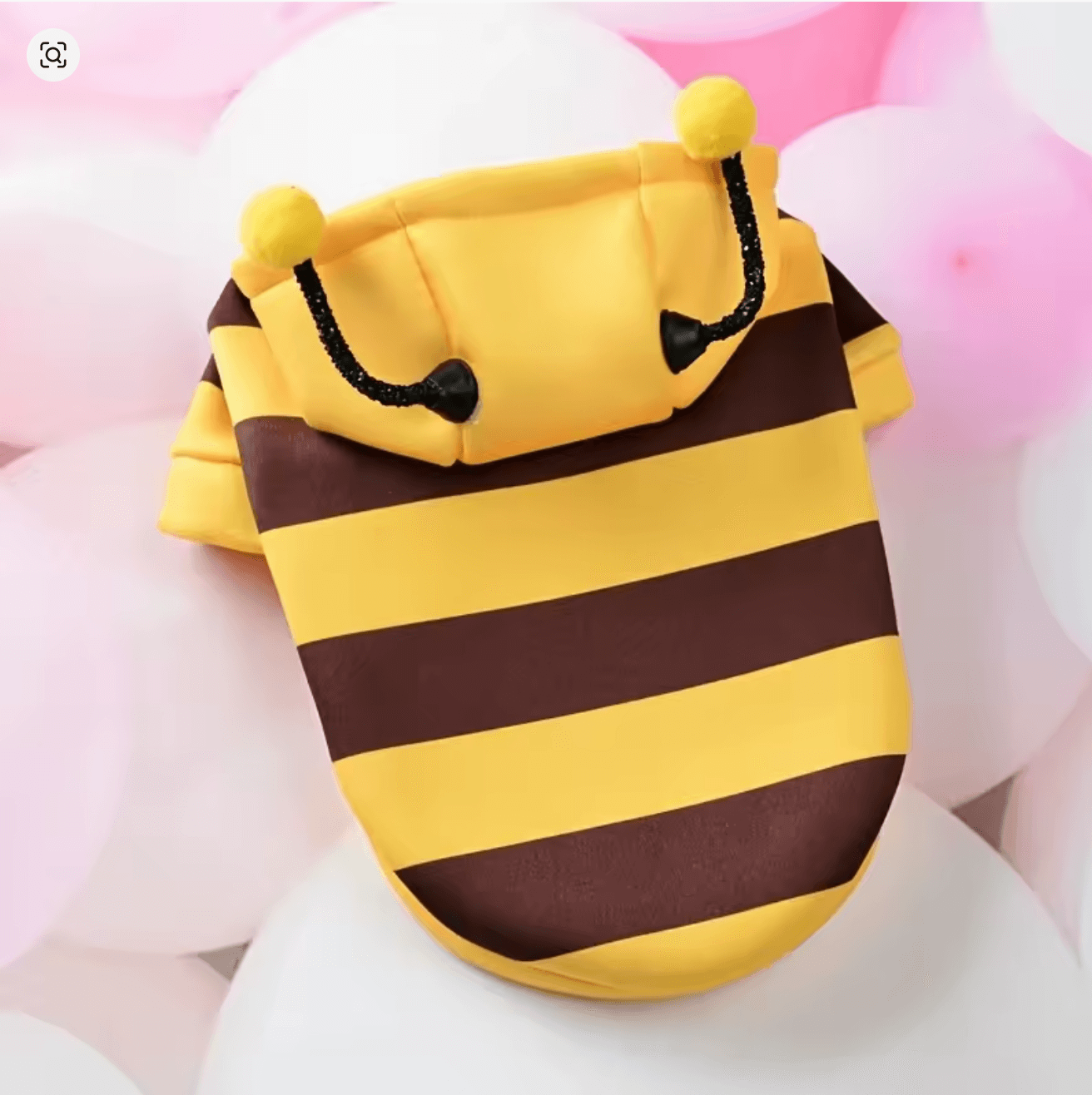 Cute Bee Puppy Costume for small dogs, featuring a yellow and brown striped design with bee antennas.