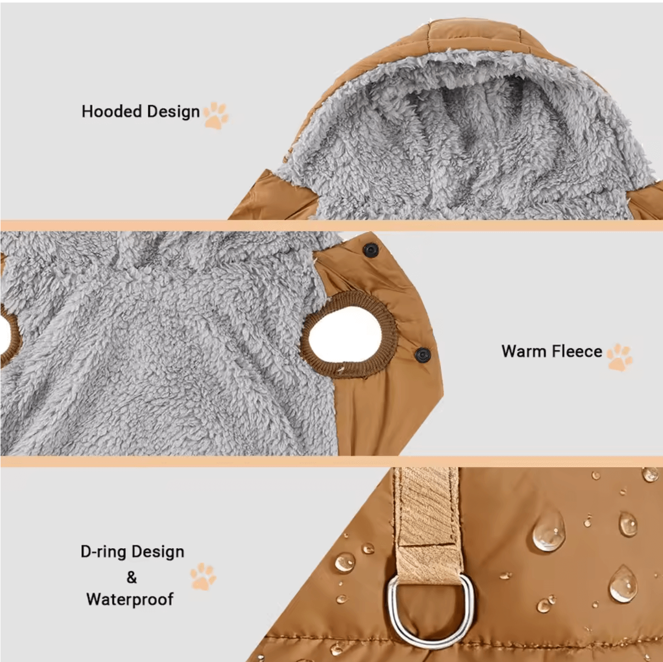 Warm Fleece Pet Hoodie Vest for Dogs & Cats showing hooded design, warm fleece interior, and waterproof D-ring feature.