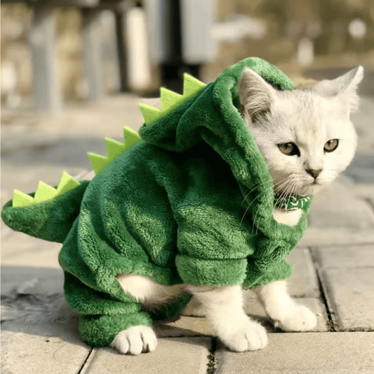 Cute dinosaur pet costume for cats, featuring cozy green fleece with spikes, perfect for small dogs.
