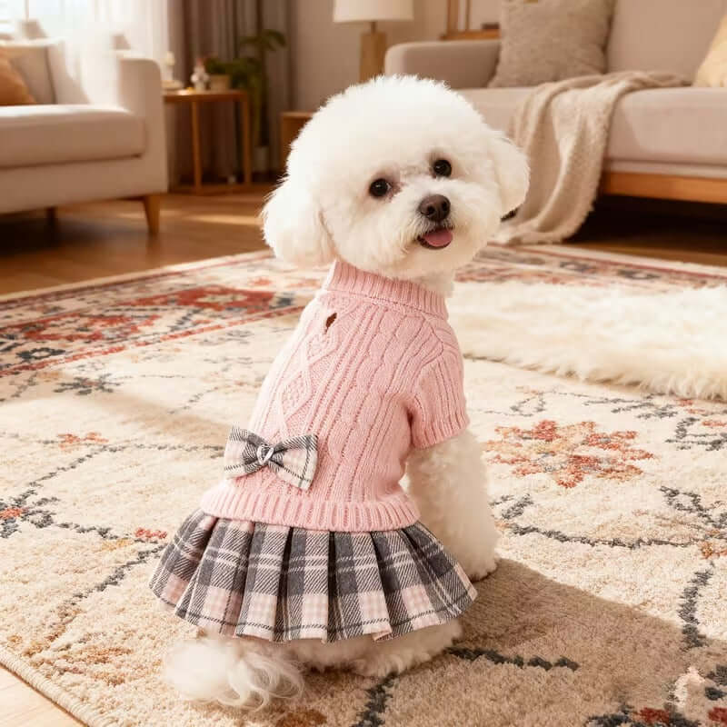 Cute small dog wearing a winter sweater dress for small dogs with a bow, positioned on a cozy rug.