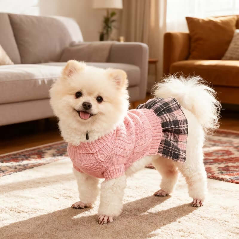 Small dog wearing a winter sweater dress for small dogs, featuring a pink knit top and a plaid skirt.