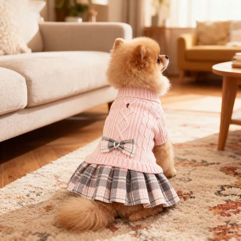 Winter sweater dress for small dogs, showcasing a cute pomeranian in a pink knit and plaid skirt outfit.