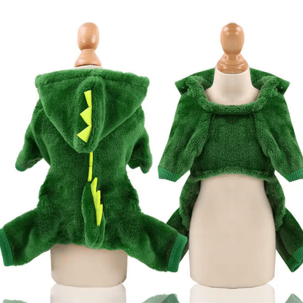 Cute dinosaur pet costume for cats and small dogs, featuring a warm fleece design with a hood and playful tail.