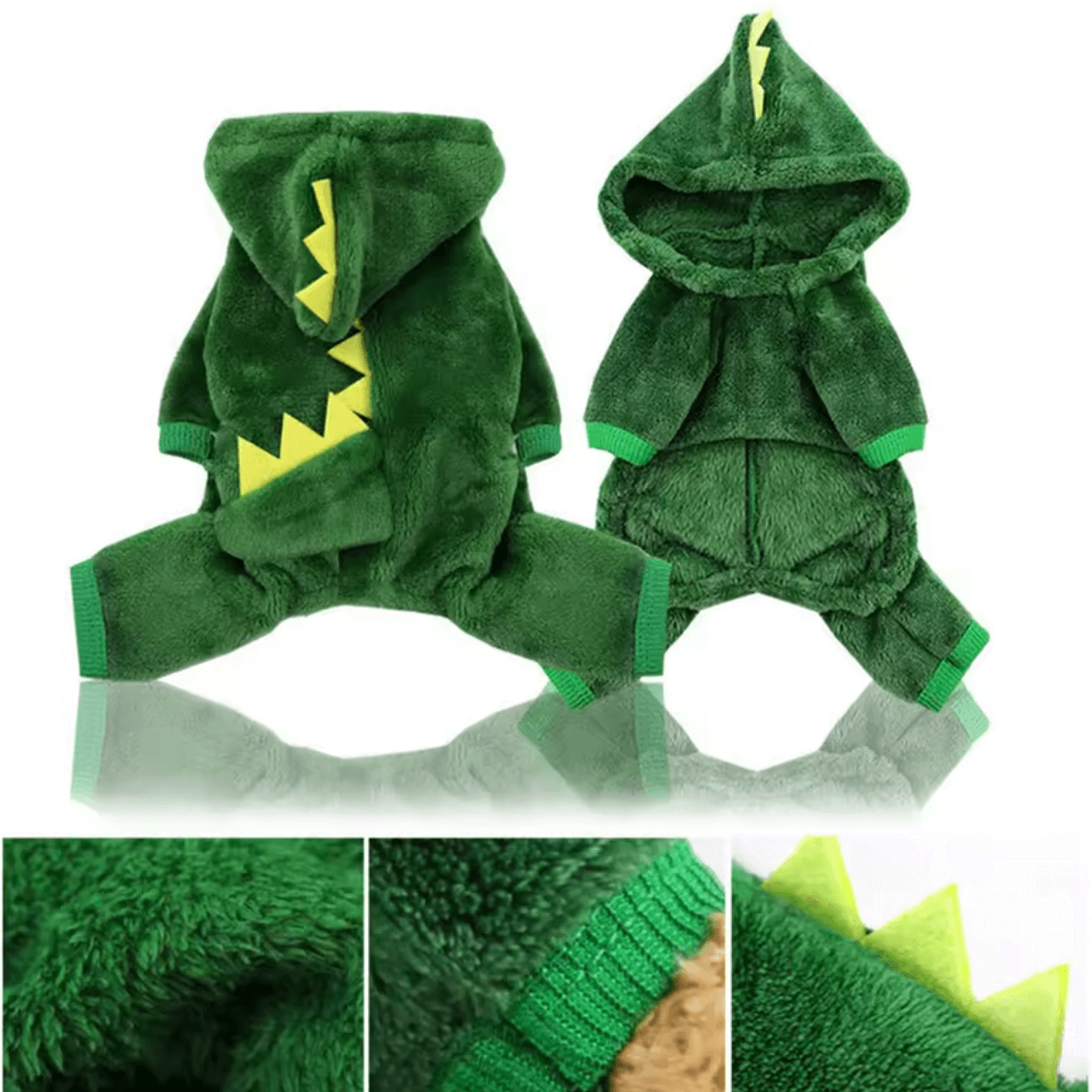 Cute dinosaur pet costume for cats and small dogs featuring a soft green fleece outfit with a hood.
