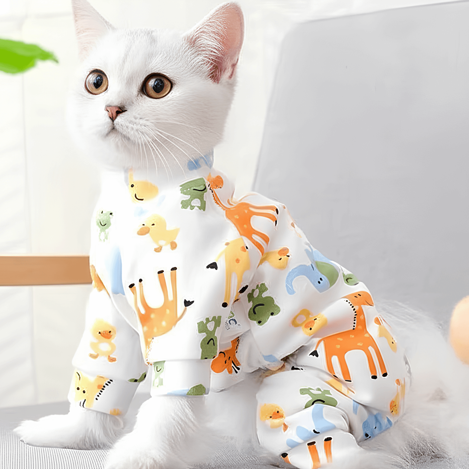 Cute printed pet sleepsuit for cats featuring playful animal designs.